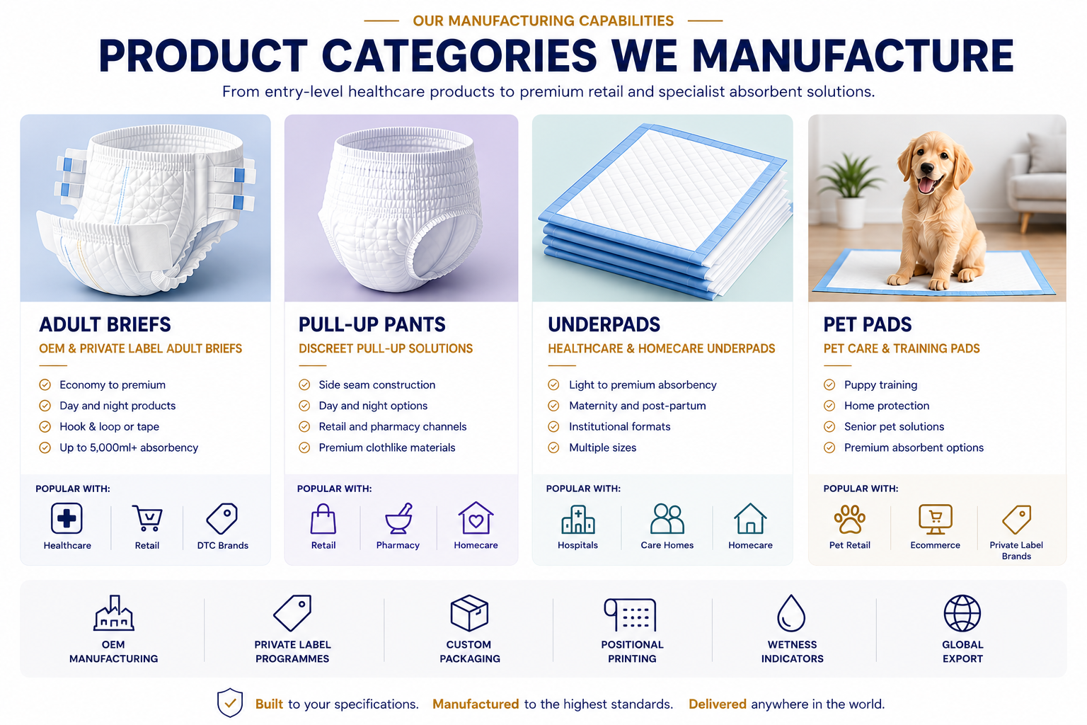 NIMBUS product categories including adult briefs, pull-ups, underpads and pet pads